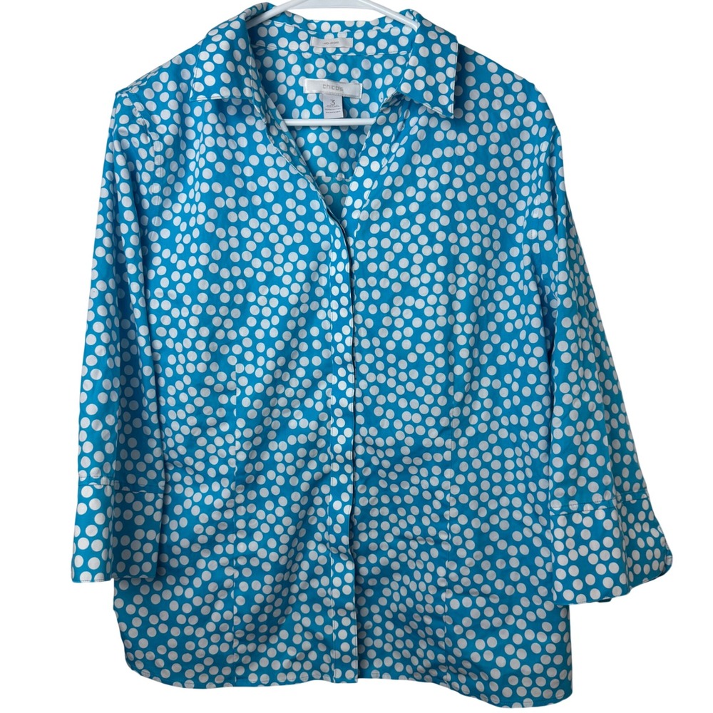 Chico's Button Down Women XL Blue Polka Dot No Iron 3/4 Sleeve Shirt
